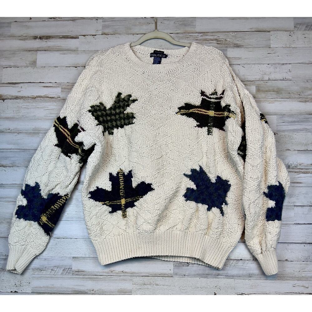 VINTAGE 90s Nautica Mens Chunky Hand Knit Sweater L Oversized 3D Leaf Pattern